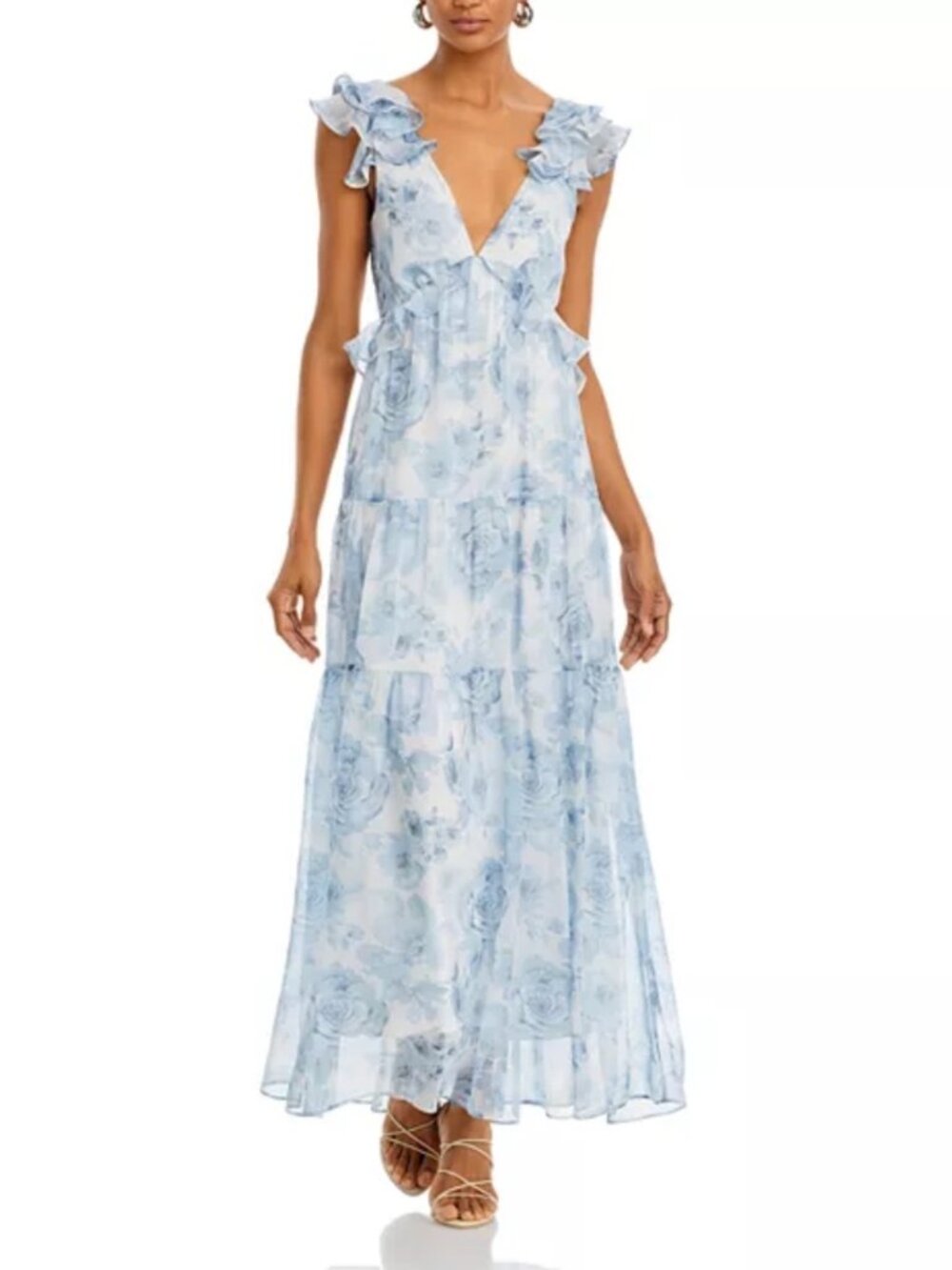 AQUA Pale Blue Ruffle Trim Maxi Dress, Size L